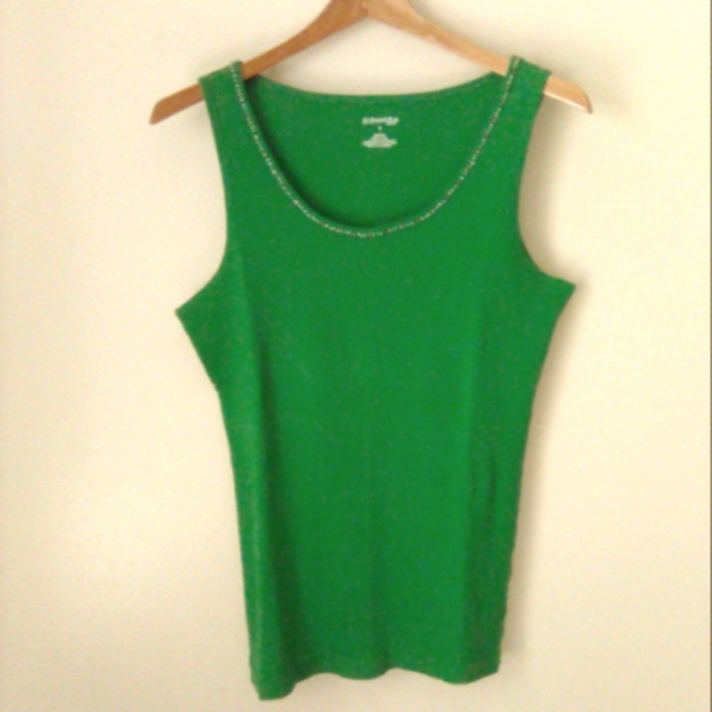 St.John's Bay Embellished Neckline Ribbed Cotton Green Tank Top Size XL
